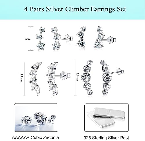 Sterling Silver Earrings Set for Women, 4 Pairs Small Huggie Hoop & Studs Earrings Set | Hypoallergenic Cubic Zirconia Ear Climber Earring Jewellery Set for Girls