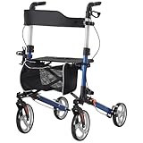 HOMCOM Rollator Walker for Tall, Senior, Adult with 9" Wheels, Seat, Back, Aluminum Lightweight Folding Rolling Walker with Adjustable Handle, Bag, Dual Brake, Cane Holder, Blue