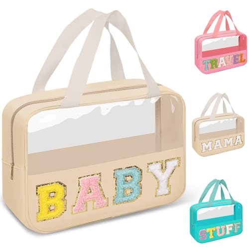 Image of Preppy Clear Baby Makeup Bags with Chenille Letter Patches, Travel Essentials Large Clear Make up Bag Zipper Pouch with Handle, Waterproof Nylon Cosmetic Toiletry Storage Tote for Women (BABY-Beige)