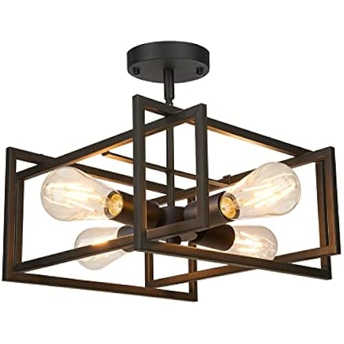 FadimiKoo Industrial 4-Light Semi Flush Mount Ceiling Light Fixture, Farmhouse Metal Black Close to Ceiling Lamp for Kitchen Island Bedroom Hallway, Modern Rectangle Frame