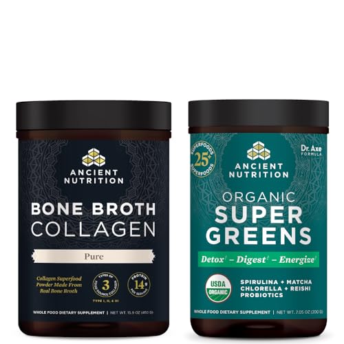 Ancient Nutrition Bone Broth Collagen Powder, Pure, 30 Servings + Organic Supergreens Powder, Greens Flavor, 25 Servings