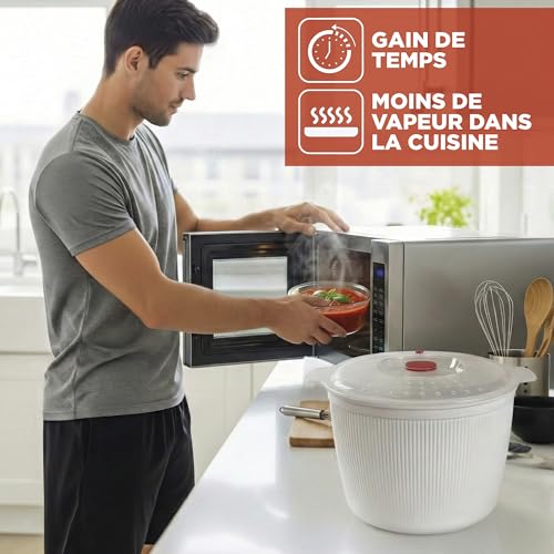 Snips - Cuiseur Vapeur Pâtes et Pommes de Terre Micro Onde 4L, Conteneur Alimentaire Micro Ondes avec Passoire Intégrée pour Cuit Vapeur, Récipient pour Cuisson Rapide Blanc 26,5x22x16,5 Made in Italy – vue 4
