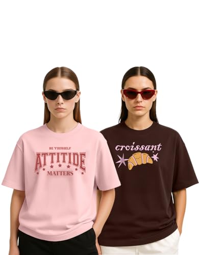 Image of Women's Oversized Cotton Blend Graphic T-Shirt Combo (Pack of 2) | Baggy Fit, Drop Shoulder, Half Sleeves | Sizes S to 2XL