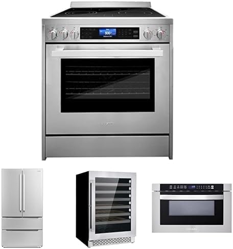 COSMO 4-Piece Kitchen Appliance Packages, 30" Electric Range, 24" Microwave Drawer, 48-Bottle Wine Cooler and French Door Refrigerator