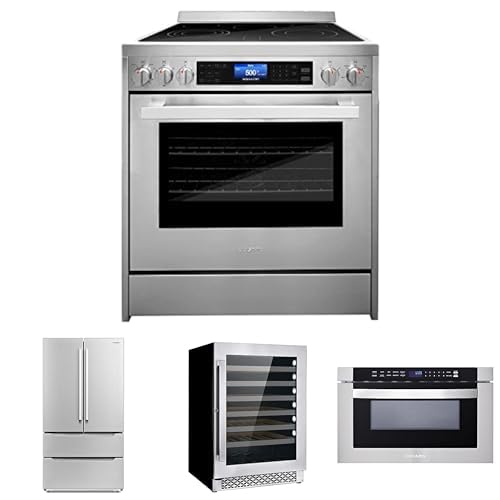 COSMO 4-Piece Kitchen Appliance Packages, 30" Electric Range, 24" Microwave Drawer, 48-Bottle Wine Cooler and French Door Refrigerator