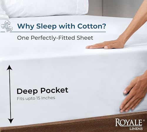 Image of Royale Linens 100% Organic Cotton Fitted Sheet - Percale Weave - Super Soft Deep Pocket Bottom Sheets - White Elastic Sheet Twin Size - Twin Fitted Sheets Only - (39 inchx75 inch+15 inch, White)