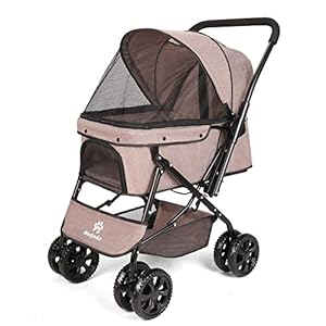 Virzen Foldable Dogs and Cat Strollers with Storage Basket and Cup Holder for Small and Medium Cats, Dogs, Puppies (Brown)