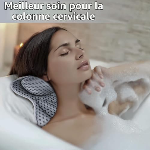 Coussin Baignoire, Shodiffy Oreiller de Bain Coussin de Bain 4d Air-Mesh avec 6 Ventouses Accessoires de Bain Coussin de Spa Coussin de Soutien Baignoire pour Dos et Cou (Gris) – vue 6