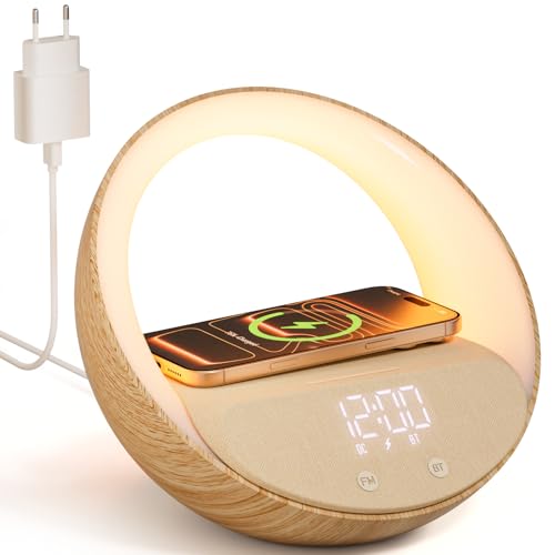COLSUR Chargeur Induction avec Enceinte Bluetooth, FM Radio avec Chargeur USB sans Fil, Wireless Charger 15W avec éclairage, Veilleuse Colorée, écran LED à...