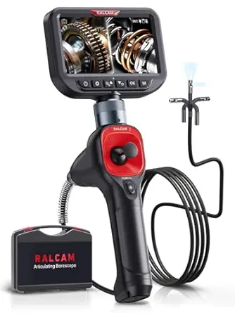 Ralcam 360° Articulating Borescope Dual Lens, 5'' Joystick Industrial Endoscope Camera with Light, 6.5mm Slim Probe, 5ft Semi-Rigid Snake Inspection Camera