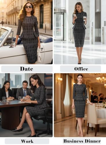 Image of VFSHOW Womens Pleated Crew Neck Peplum Slim Work Business Bodycon Dress | 3 /4 Sleeves, Professional Elegant Church, Funeral, Spring Fall, Fitted Office Pencil Sheath Dress