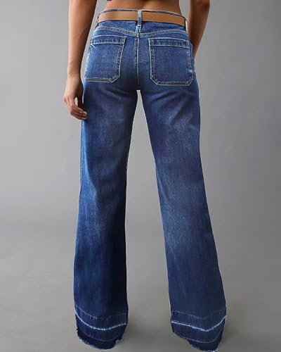 Flvsun Wide Straight Leg Stretchy Jeans for Women Mid High Waisted Baggy Denim Pants with Deep Pockets Mid Blue M. — view 2