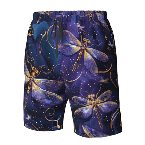 Men's Quick Dry Swim Shorts Dragonfly Glittery Swirls Stars Purple and Gold Beach Trunks with Pockets4