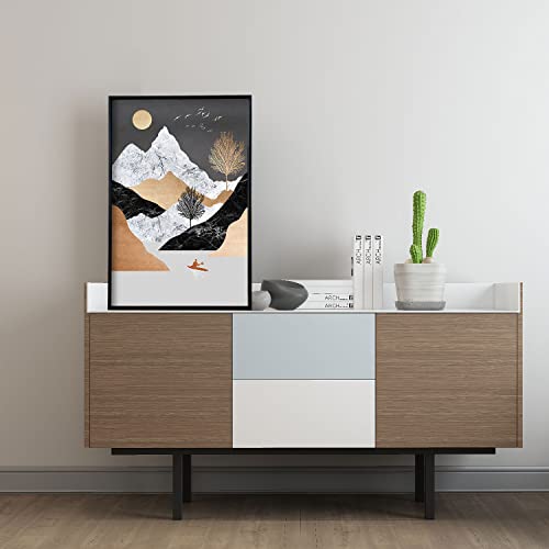 Yasion Framed Canvas Print Wall Art Modern Abstract Geometric Natural Scenery Naturecollage Illustrations Tree Granite Mountain Golden Sun White Bird Fisherman Boat For Bedroom,Living Room,Bathroom,Office-E,16X24 #TOP5
