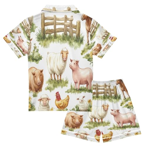 Satin Pajama Sets Short Sleeve Cute Farm Animals on Grass Button Down Silky Nightwear 2 Piece PJS 5-14Y2