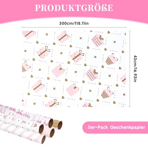 MFUSUL Geschenkpapier Set 5 Rollen, 43cm x 3m Geschenkpapier Rosa, Geschenkpapierrolle mit 2 Rosa Papierseil und Doppelseitiges Klebeband für Kindergeburtstag, Hochzeit, Abschlusse, Valentinstag