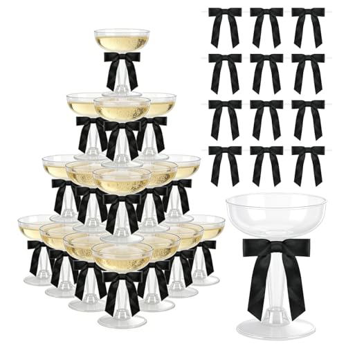 UgyDuky 50 PCS Plastic Martini Glasses with Black Satin Ribbon Bow, 4 oz Champagne Glasses Disposable Plastic Cocktail Coupe for Champagne Tower Birthday Graduations Party Wedding (Black) by UgyDuky - Used condition - CA$30.09