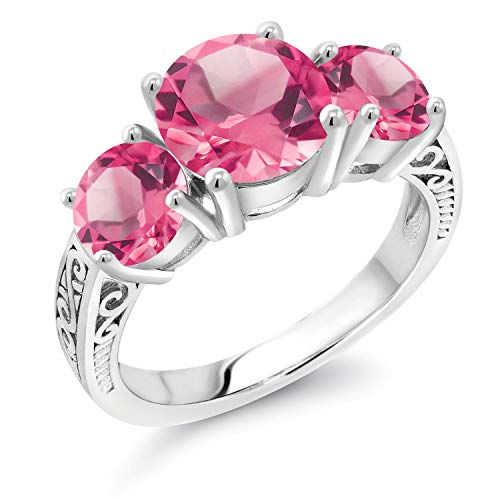Gem Stone King 925 Sterling Silver Pink Mystic Topaz 3-Stone Engagement Ring For Women (5.00 Cttw, Gemstone Birthstone, Available in size 5, 6, 7, 8, 9)