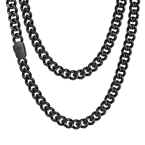 VNOX Silver Cross Necklace for Men, Solid Mens Cross Cuban Link Chain Necklaces 9mm Stainless Steel Black Chains for Men, Cool Miami Jewelry Faith Religious Christian Gifts 24 Inch Cuban Cross Chain