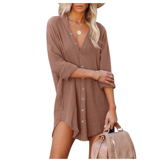 Paintcolors Women's Long Sleeve Cotton Button Down Tunic Dresses Beach Cover-ups Oversized Blouse Tops with Pockets-Camel S