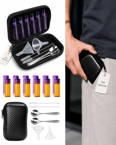 2OZ Mini Travel Spice Container with Spoon, 6 Pack Glass Camping Seasoning Containers Set with Leakproof Lids, Pocket Case, Funnels & Cleaning Brushes for Van Life, Air Travel(Liquids and Powders)