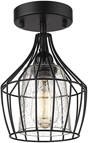 FOITTON 1-Light Semi Flush Mount, Industrial Close to Ceiling Light Fixture, Seeded Glass Lampshade, Black Finish for Hallway, Laundry, Foyer, Kitchen