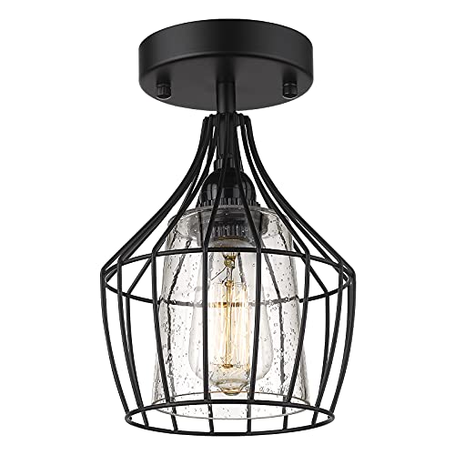 Foitton 1-Light Semi Flush Mount, Industrial Close To Ceiling Light Fixture, Seeded Glass Lampshade, Black Finish For Hallway, Laundry, Foyer, Kitchen #TOP2