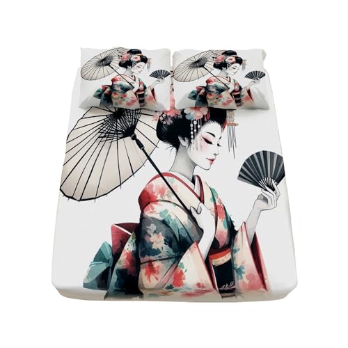 Fitted Sheet Umbrella Kimono Hair Ornament Hand Fan Microfiber Fitted Sheets with Deep Pocket 30cm, Flower Folding Fan Fitted Bed Sheets Modern Soft Breathable Fade Resistant for Super King Size Bed