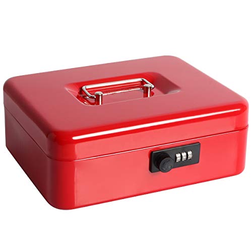 Cash Box with Money Tray, Parrency Large Money Box with Combination Lock, 9.8 x 7.9 x 3.5 inches, Red