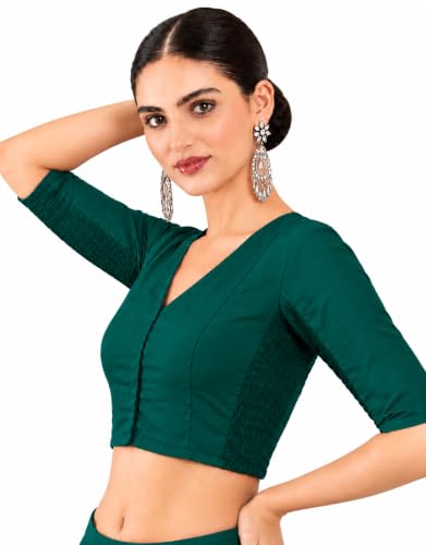 Image of Pujia Mills Women's Taffeta Silk V Neck Smocked Stretchable Readymade Saree Blouse for Women Stylish