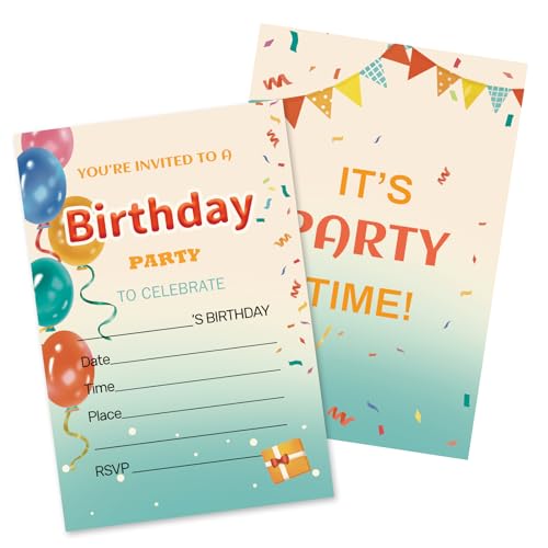 HOMANGA 20 invitaciones de fiesta de cumpleaños para niños y niñas, tarjetas de invitación de cumpleaños con sobres, invitaciones de fiesta de globos para niños, 10 x 15 cm (colorido, doble cara)