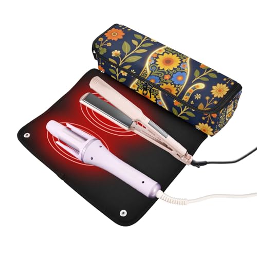 Bolsa de viaje y tapete resistente al calor para herramientas de cabello, organizador para plancha de pelo, rizador y secador, diseño con flores miniatura 2