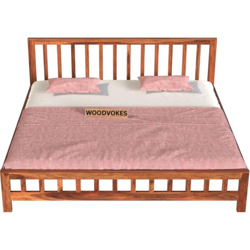 Image of Sheesham Wood Bed Without Storage Solid Wooden Cot Double Bed for Bedroom Living Room Home (Natural, Queen (U.K. Standard))