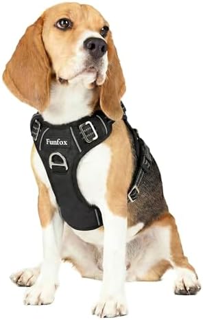 Funfox Anti Zug Hundegeschirr Mittelgroße Hunde mit Frontclip, Schwarz | Vertikaler Griff, Verstellbar, 2 D-Ringe, Gepolstert, Nachts Reflektierend, für Kleine Mittlere Grosse Hund