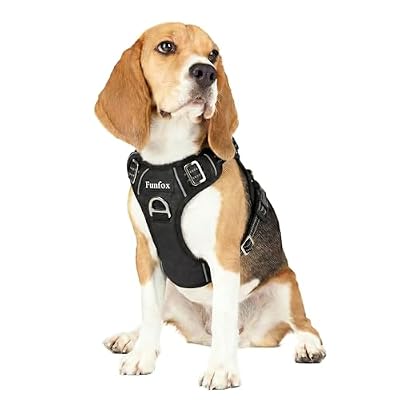 Funfox Dog Harness Medium Sized Dog, Vertical Handle Easy Control, No Pull Pet Vest Adjustable with 2 Leash Clips, Soft Material, Reflective Safe Night Walking for Small Medium Large Breed, Black, M