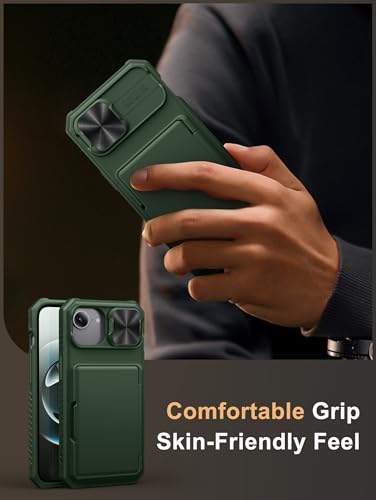 Image of Vihibii for iPhone 16e Back Cover Wallet with Card Holder (4 Cards) [RFID Blocking] & Slide Camera Cover, Military Grade Drop Protection, Rugged Back & Silicone Edge Case for 16e 2025 6.1 inch, Green