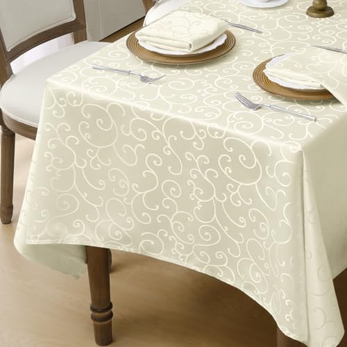 Romanstile Jacquard Rectangle Tablecloth, Waterproof Elegant Damask Curly Floral Pattern Table Cloth, Washable Decorative Polyester Table Cover for Kitchen/Dining/Parties - Ivory/Cream, 60 x 84 Inch by Romanstile - Image 2