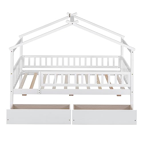 Merax Twin Size Wooden House Bed with Two Drawers, Wood Bed Frame with Roof and Safety Guardrail for Kids, Teens, Boys or Girls, White by Merax - Image 4