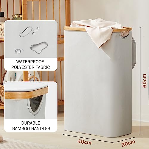 Miniatura 3 de Youdenova Cesta Para La Ropa Sucia Con Tapa, 48 L, Estrecha, Con Bolsa Para La Colada, Plegable, De Madera De Bambú, Cesta Alta, Color Gris