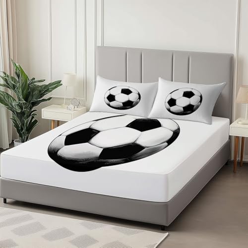 Blanco Sabanas Bajeras 90 x 190 cm Geometría del Fútbol De Dibujos Animados, Sábana Bajera Microfibra Extra Suave y Transpirable, con Banda Elástica para Colchón de 30cm de Altura