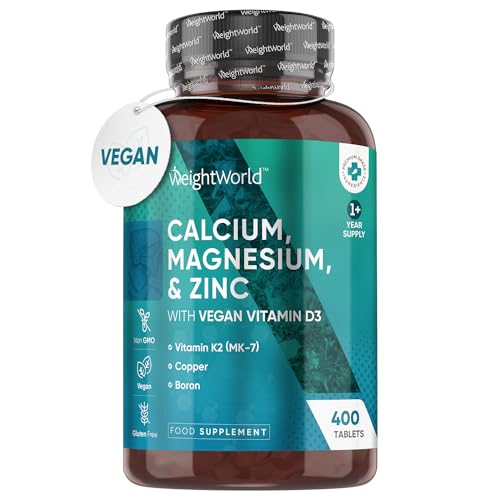 Calcium Magnesium Zinc and Vitamin D K2-1+ Year Supply (One A Day) - 400 Vegan Calcium Tablets with Vegan D3 & K2, Copper Manganese Boron Complex - Calcium Supplement for Bone, Skin, Muscle & Teeth