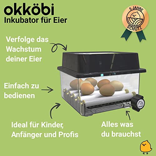 Foto von Okköbi OBI-12 Brutautomat für Hühner, Enten & andere Vögel + NEU 2024 + Brutautomat vollautomatisch + Temperaturkontrolle + Feuchtigkeitsanzeige + Integrierte Eierschale + 5 JAHRE SCHUTZ