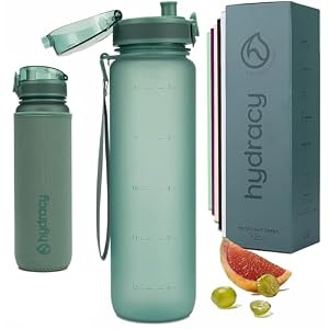 Hydracy Water Bottle with Time Marker -Large BPA Free Water Bottle & No Sweat Sleeve -Leak Proof Gym Bottle with Fruit Infuser Strainer & Times to Drink -Ideal for Fitness Sports & Outdoors