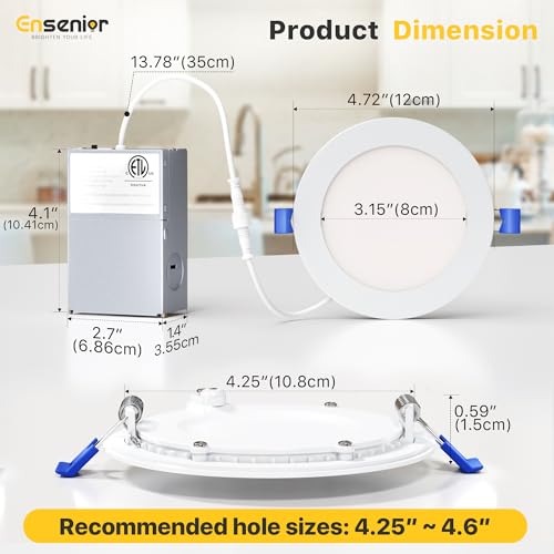 Ensenior 12 Pack 4 Inch LED Recessed Ceiling Light, Dimmable, 2700K-5000K 5CCT, 750LM 9W 120V, High Brightness Canless Wafer Downlight - ETL&FCC&IC by Ensenior - Used condition - Image 6