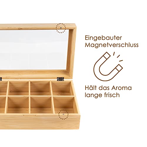 Foto von Hanseküche Premium Teebox aus Bambus – FSC®-zertifiziert – Hochwertiger Teekasten mit 8 Fächern – Tee Aufbewahrung, Teekasten, Teedose, magnetischer und luftdichter Verschluss, Teebeutelbox