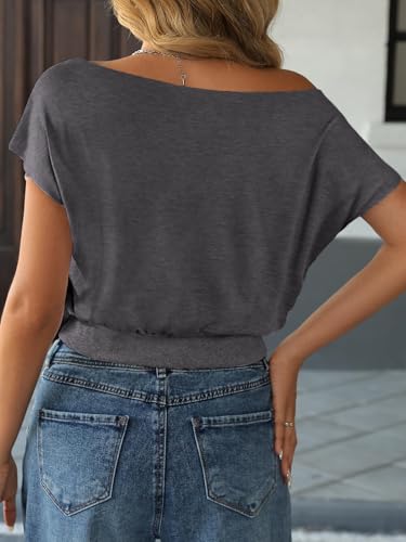 Image of SOFIA'S CHOICE Women's Off The Shoulder T Shirt Crop Top Casual Summer Dolman Sleeve Asymmetrical Cinched Waist Tops