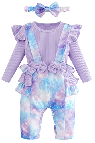 Image of Yousie Newborn Baby Girl Clothes 0-3 Months Romper Fall Winter Long Sleeve Outfit Purple Ribbed Suspender Jumpsuit with Headband