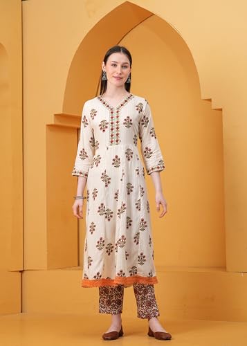 Image of Women's Indigo Blue Printed Anarkali Kurta with Palazzo Set, Long Sleeve V-Neck Ethnic Wear (IN, Alpha, S, Regular, Peach)