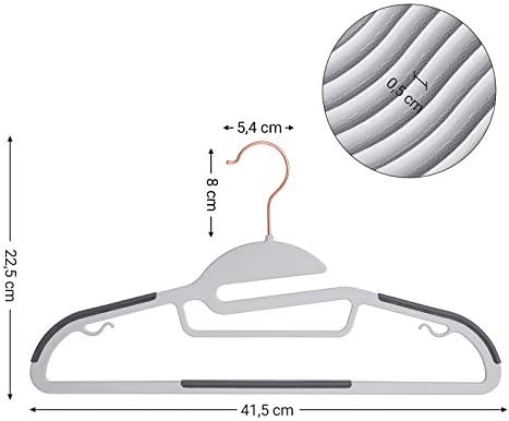 SONGMICS 30-Pack Coat Hangers, Plastic Suit Hangers, Premium Quality, Heavy-Duty, S-Shaped Opening, Non-Slip, Space-Saving, 0.5 cm Thick, 360° Rose Gold Swivel Hook, 41.5 cm Wide, Grey CRP43G30