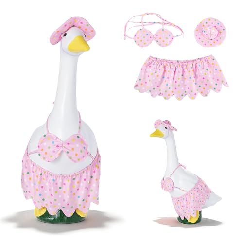 Summer Goose Outfit for 23 Inch Garden Porch Goose Bikini Clothes with Polka Dot Skirt & Sun Hat,Weather-Resistant Lawn Hawaiian Goose Costume for Pool Party, Backyard BBQ & Outdoor Summer Decor